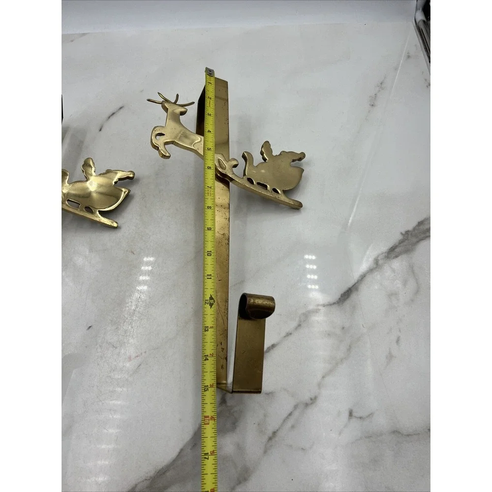 VTG Brass WREATH Hanger Over Door Reindeer Santa Sleigh Christmas Gold India x2
